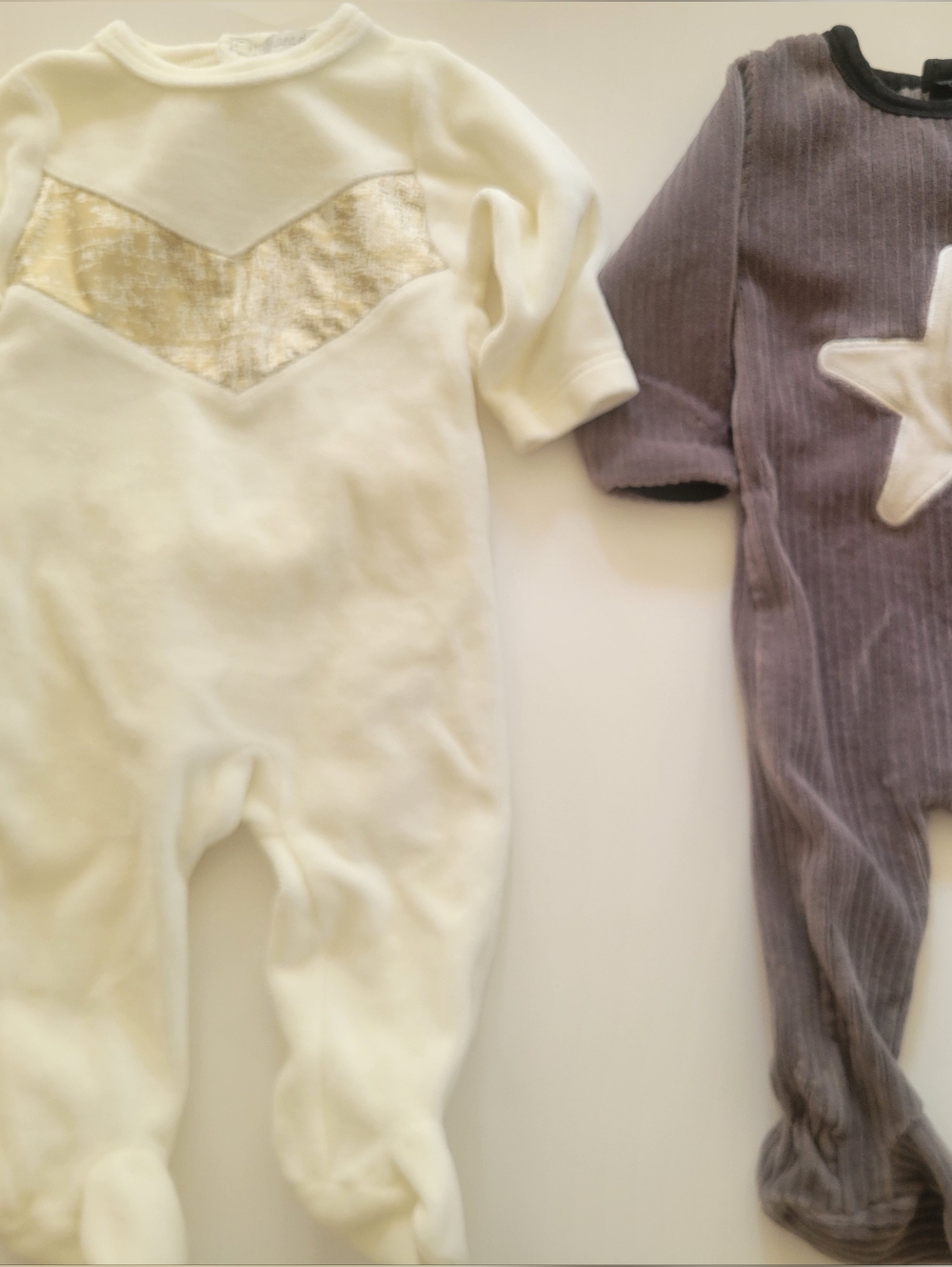 Cream & Gray Baby Footed Rompers with Star and Metallic Accent